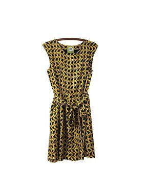 Elizabeth McKay Womens Navy Gold Chain Link Waist Tie Sleeveless Silk Dress 10